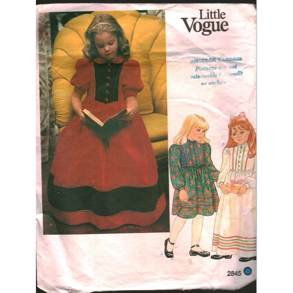 Vintage Little Vogue 2845 Girls Dress Sewing Pattern Size 6 Puff Sleeve Maxi